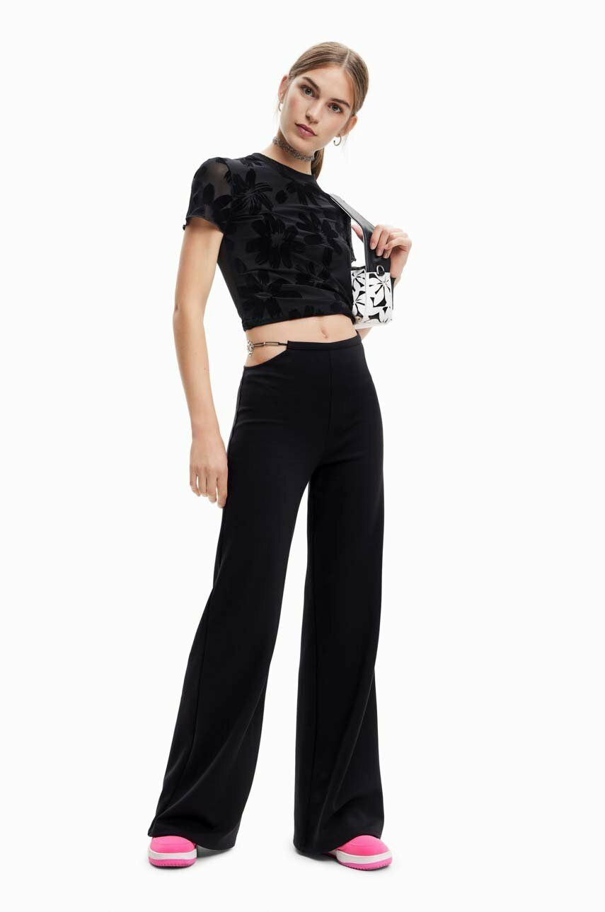 Kalhoty Desigual dámské, černá barva, široké, high waist - černá -  96 % Polyester