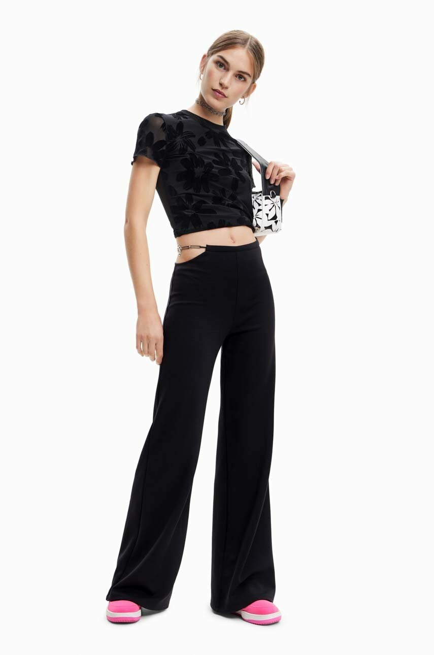 Desigual pantaloni femei, culoarea negru, lat, high waist