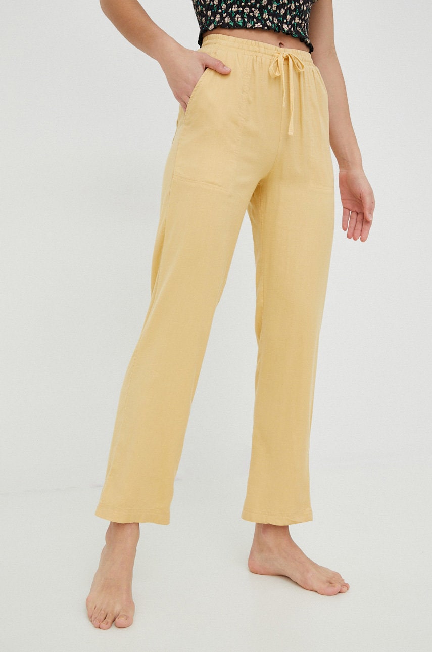 Billabong Pantaloni Femei, Culoarea Galben, Drept, High Waist