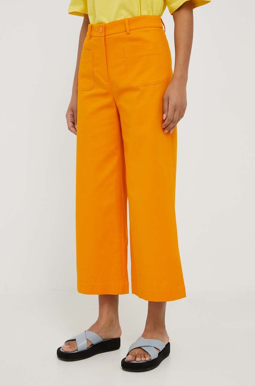 Sisley pantaloni femei, culoarea portocaliu, lat, high waist