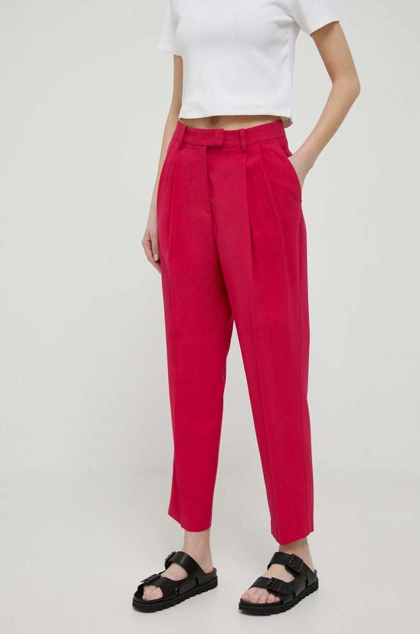Kalhoty Sisley dámské, růžová barva, fason cargo, high waist - růžová -  90 % Viskóza