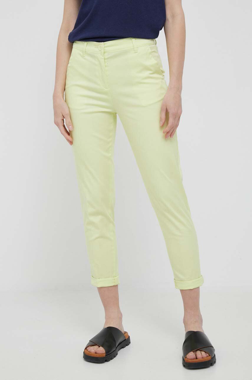 Kalhoty Sisley dámské, žlutá barva, fason cargo, high waist - žlutá -  98 % Bavlna