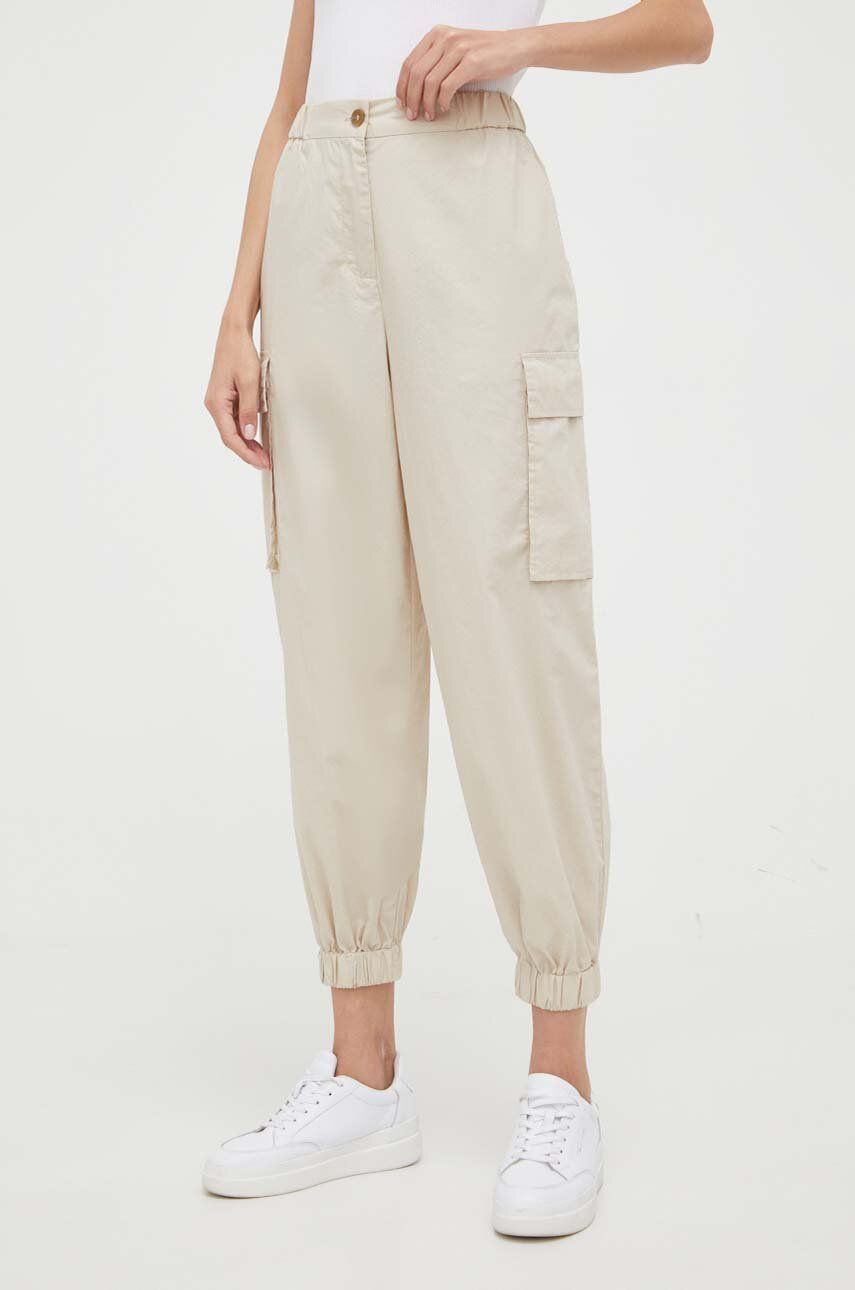 Bavlněné kalhoty Sisley béžová barva, kapsáče, high waist - béžová -  100 % Bavlna