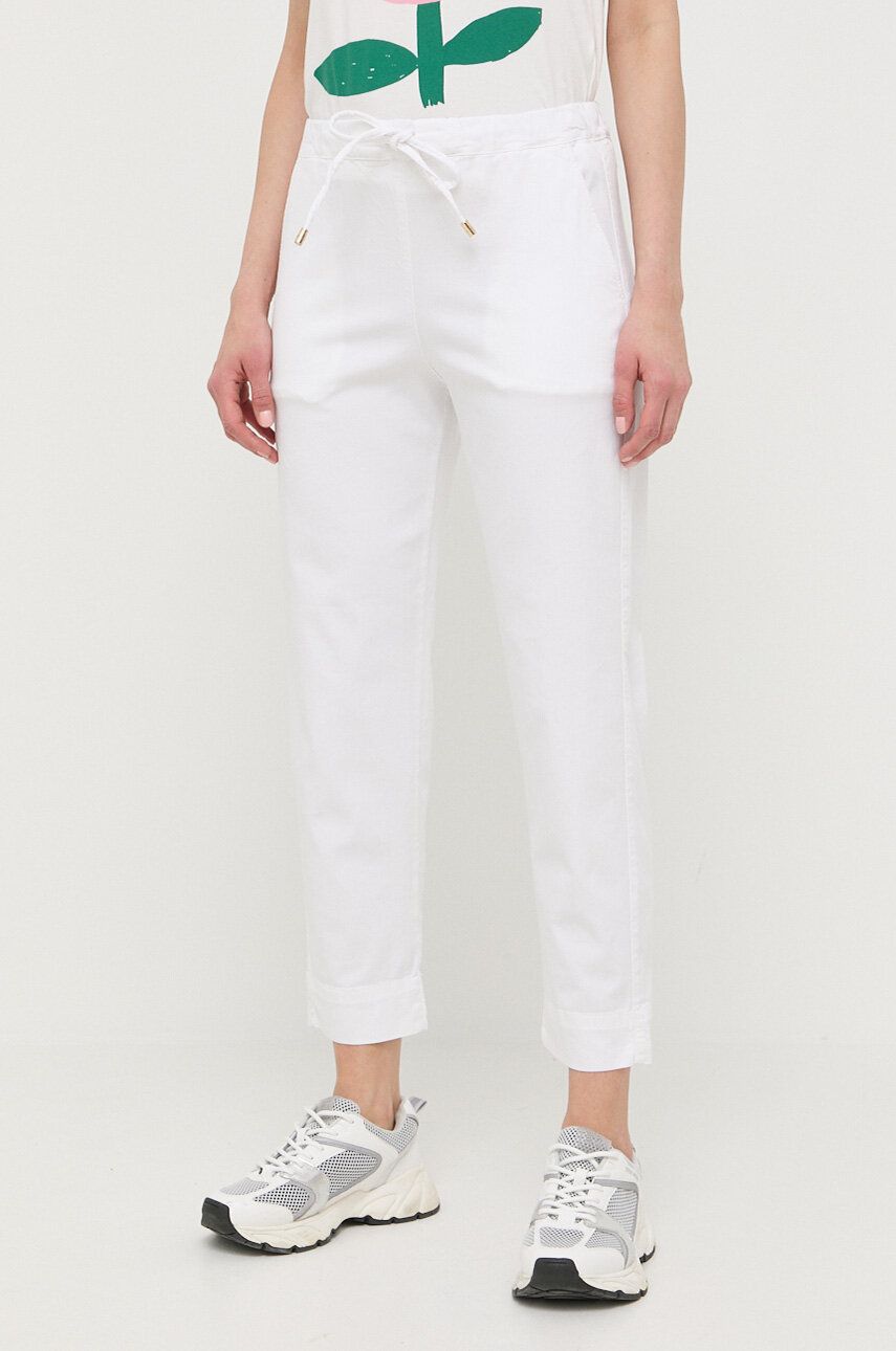 Kalhoty Max Mara Leisure dámské, bílá barva, jednoduché, high waist - bílá -  98 % Bavlna