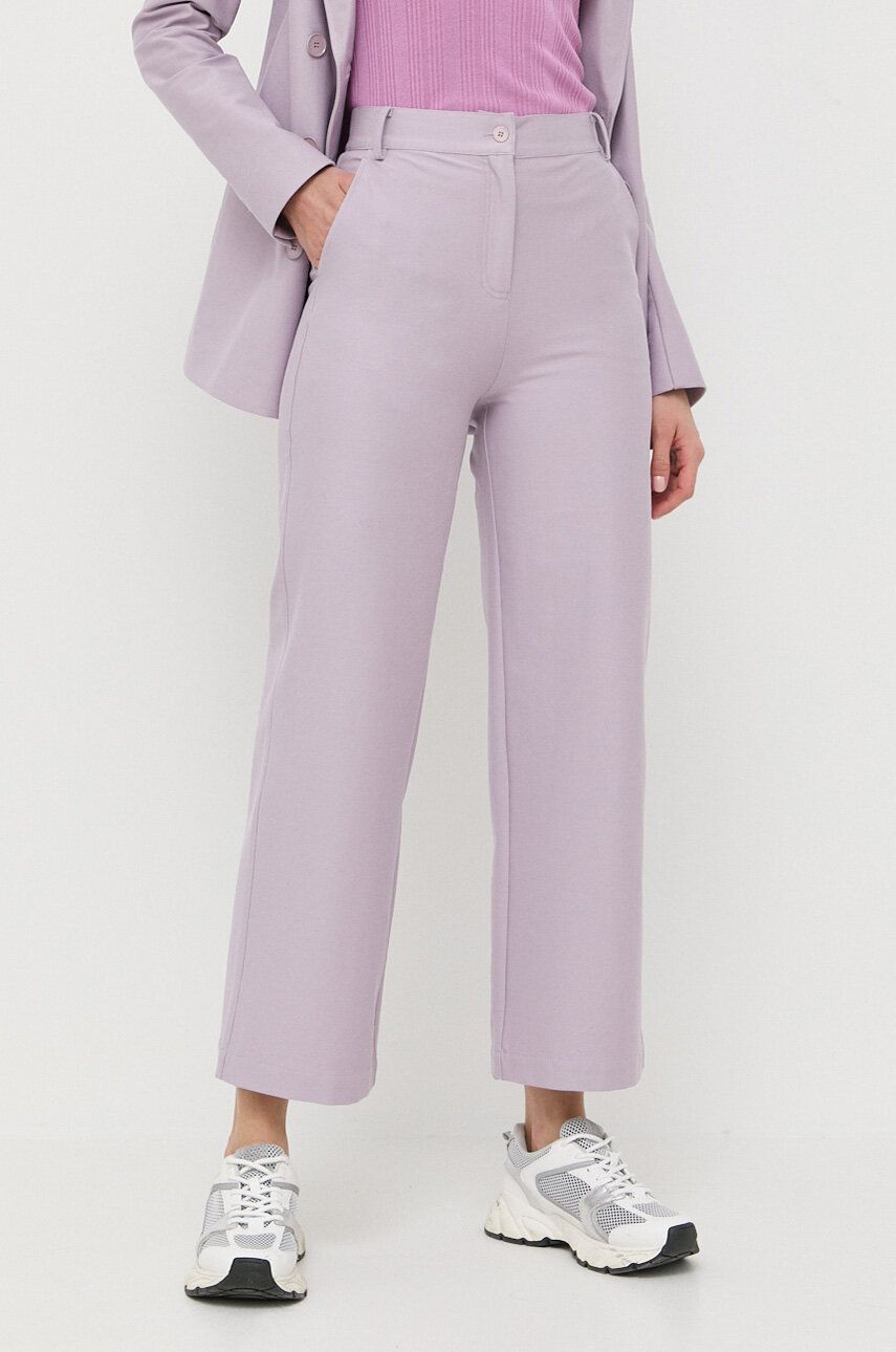 Kalhoty Max Mara Leisure dámské, fialová barva, jednoduché, high waist - fialová -  83 % Bavlna