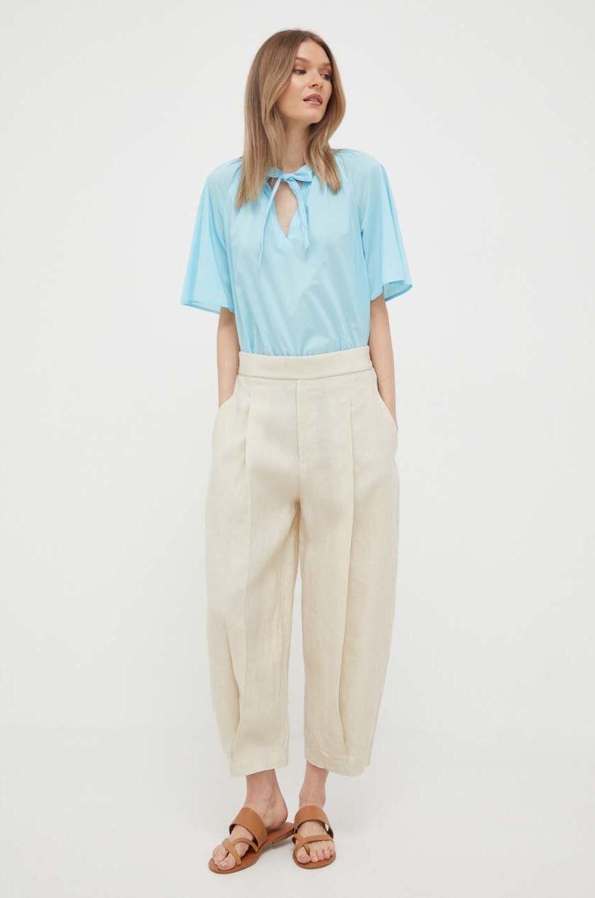 United Colors of Benetton pantaloni din in culoarea bej, drept, high waist