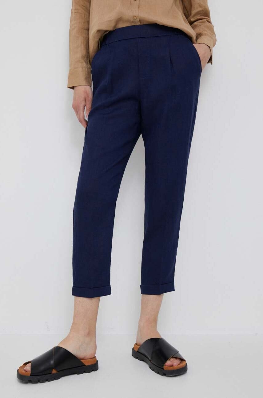 United Colors of Benetton pantaloni din in culoarea albastru marin, drept, high waist