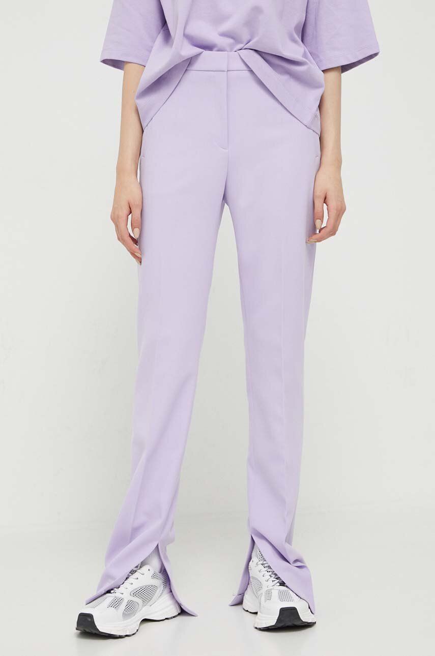 Kalhoty HUGO dámské, fialová barva, jednoduché, high waist - fialová - Hlavní materiál: 64 % Polyest