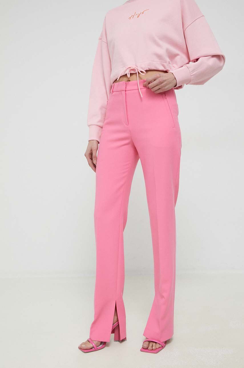 Kalhoty HUGO dámské, růžová barva, jednoduché, high waist - růžová - Hlavní materiál: 64 % Polyester