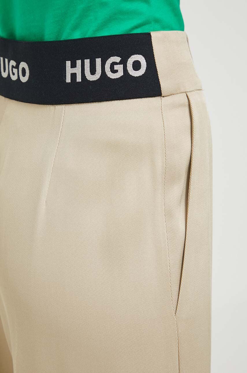 HUGO spodnie damskie kolor beżowy szerokie high waist