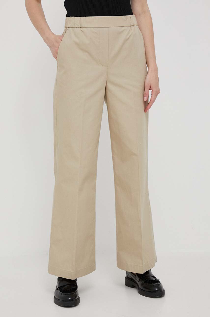 United Colors of Benetton pantaloni de bumbac culoarea bej, drept, high waist
