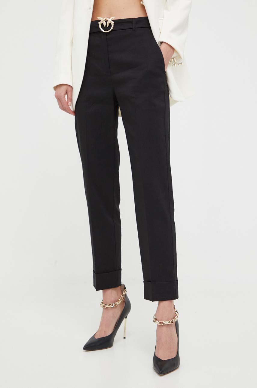 Plátěné kalhoty Pinko černá barva, fason cargo, high waist - černá -  59 % Len