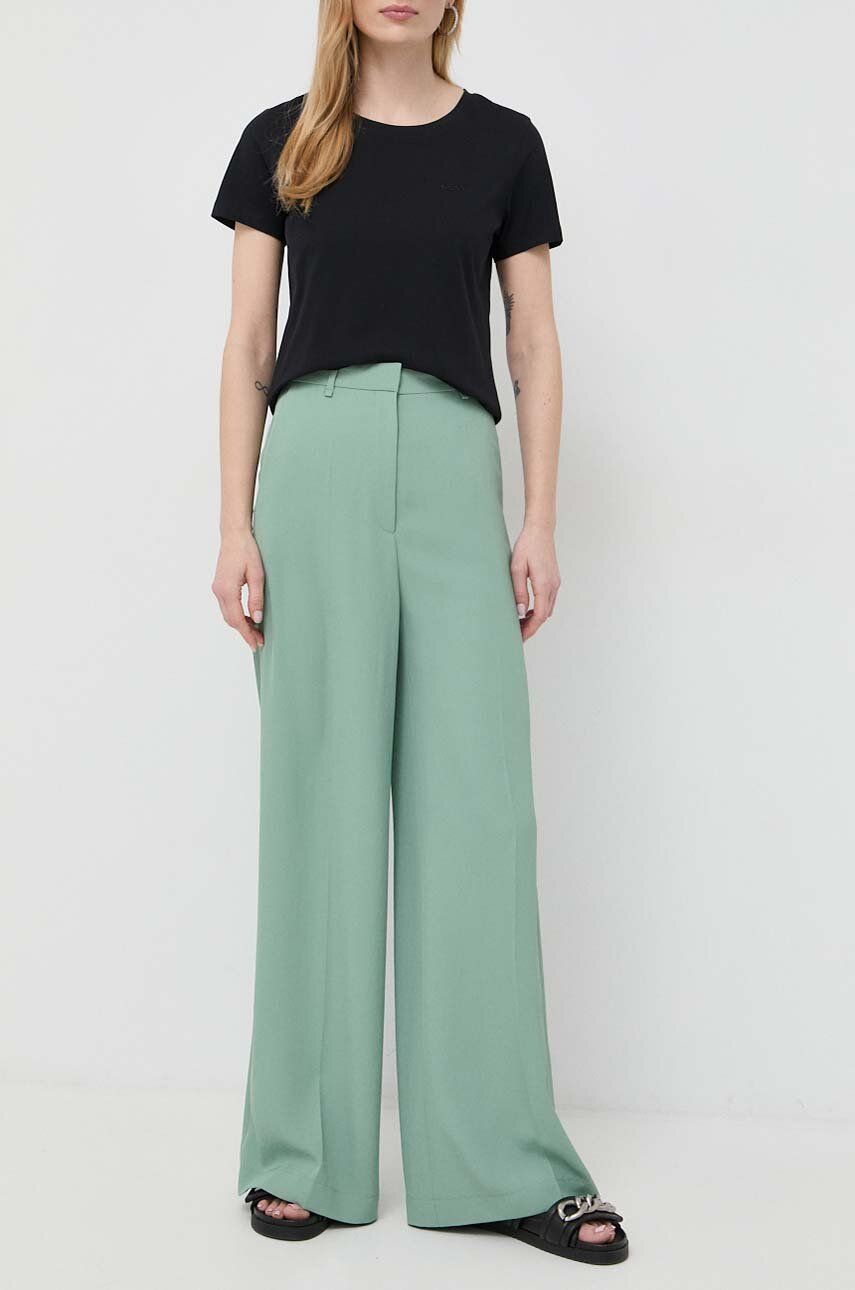 Levně Kalhoty BOSS dámské, zelená barva, jednoduché, high waist