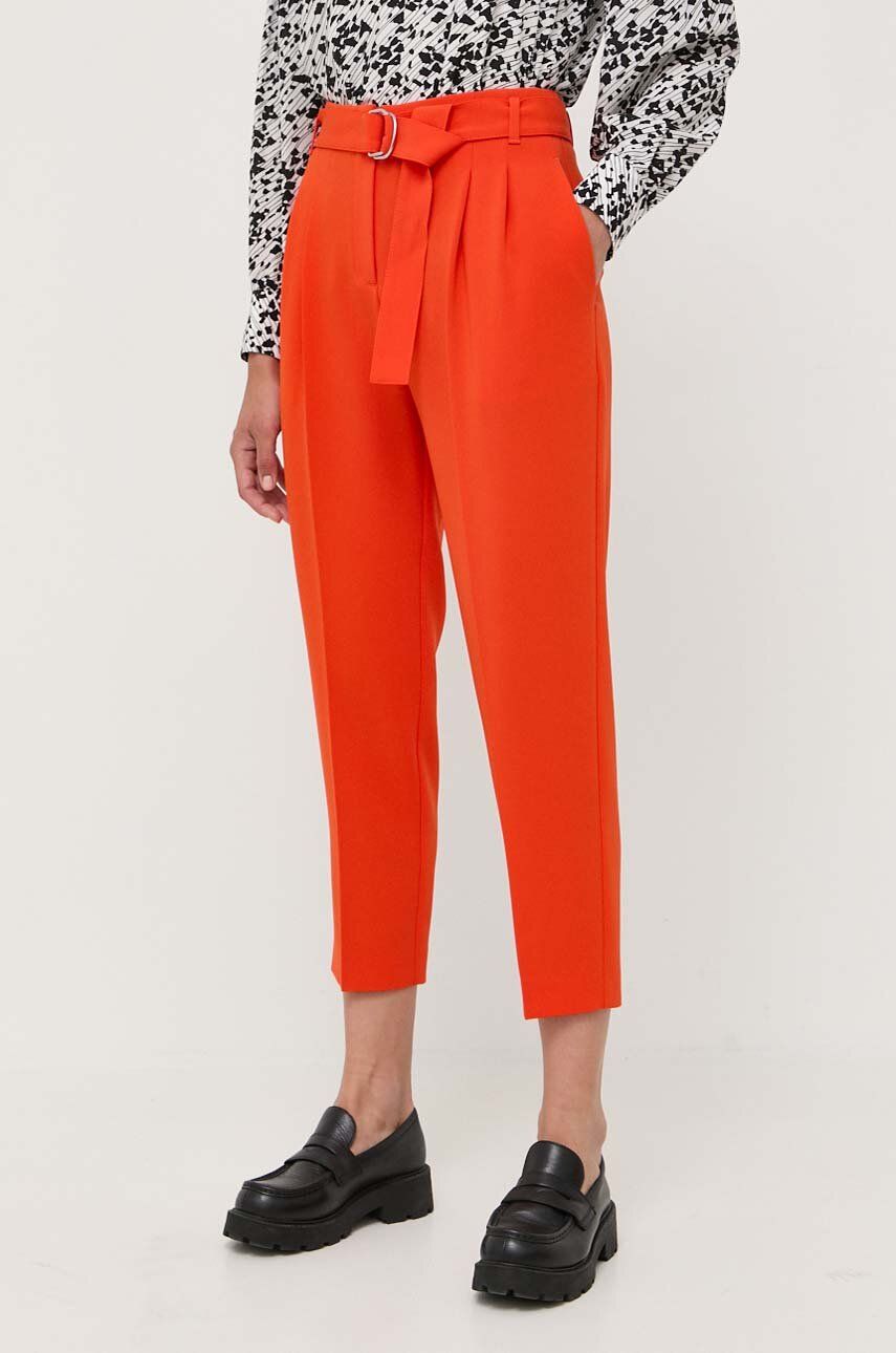 Kalhoty BOSS dámské, oranžová barva, jednoduché, high waist - oranžová -  Hlavní materiál: 69 %