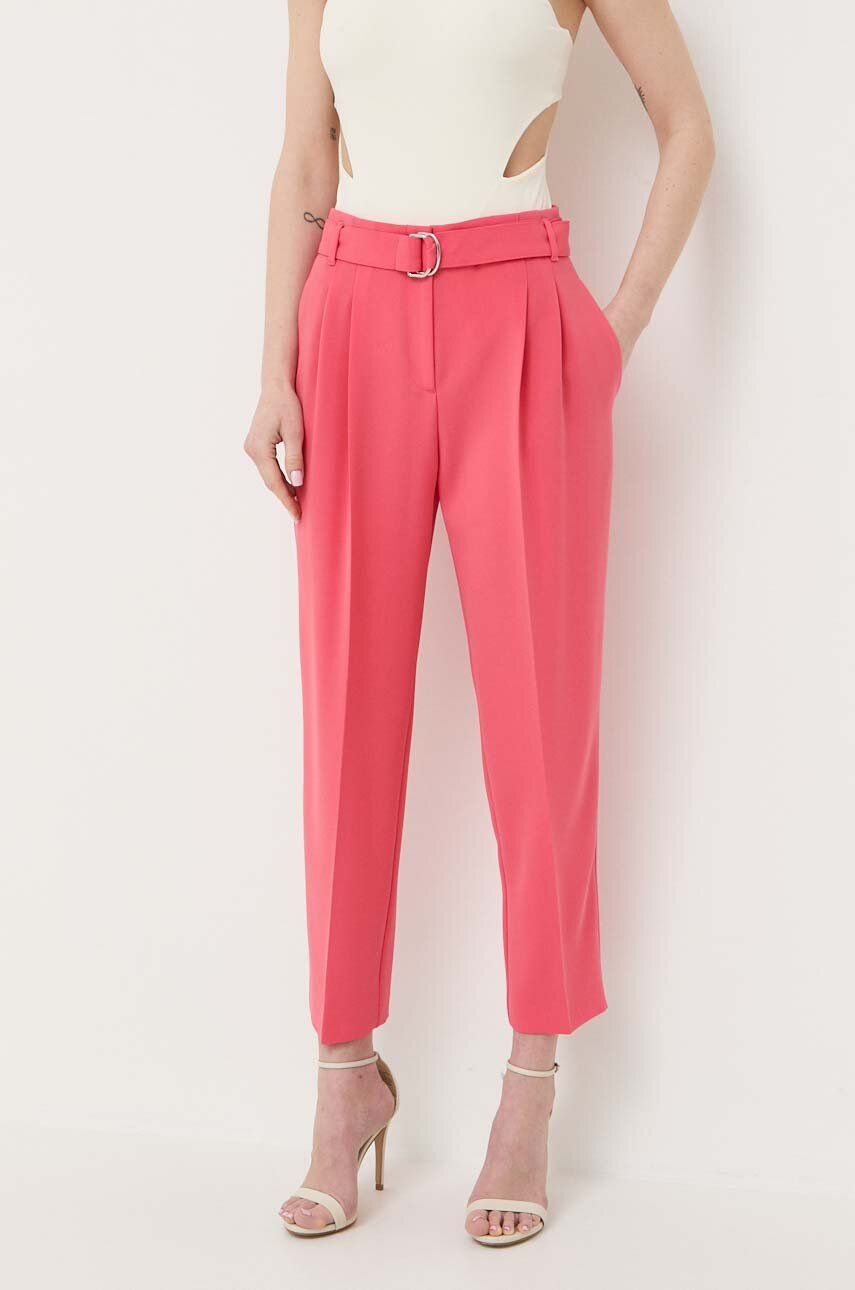 Levně Kalhoty BOSS dámské, růžová barva, jednoduché, high waist