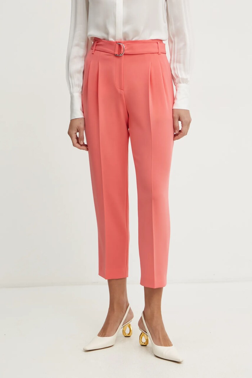 Levně Kalhoty BOSS dámské, růžová barva, jednoduché, high waist