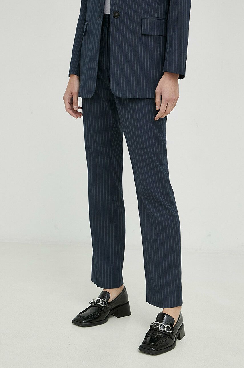 Bruuns Bazaar pantaloni femei, culoarea albastru marin, drept, medium waist