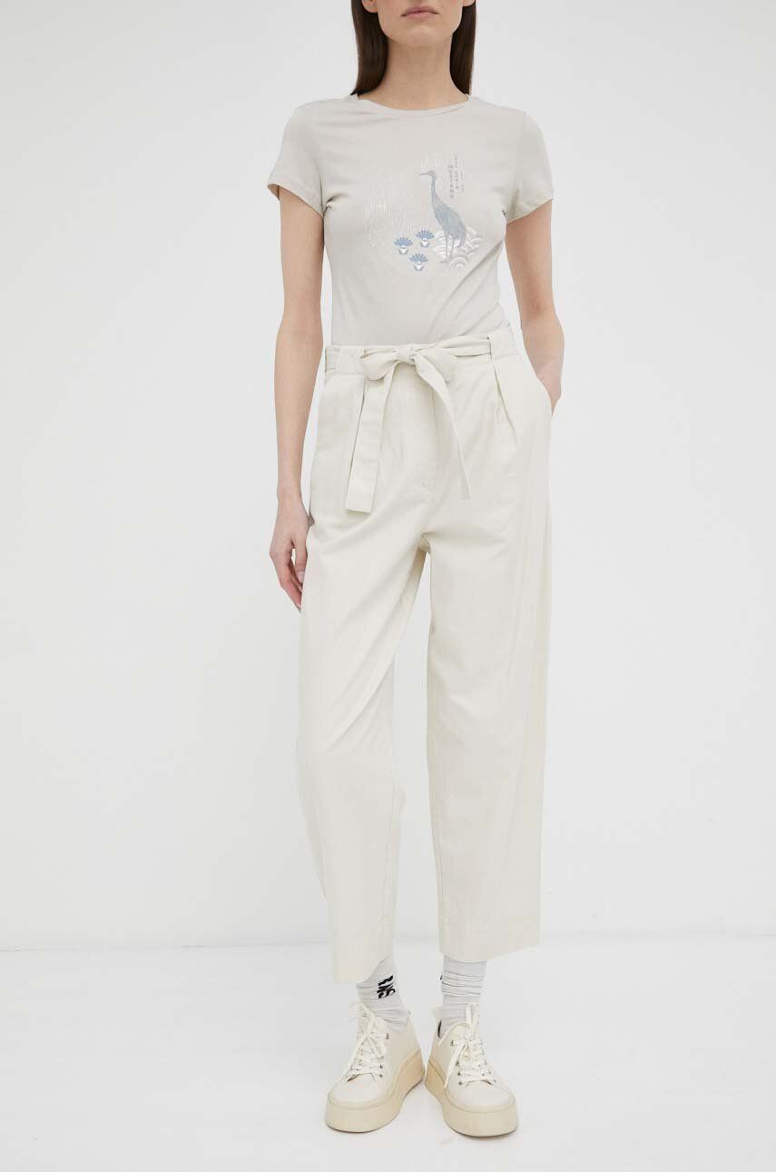 E-shop Kalhoty s příměsí lnu Marc O'Polo béžová barva, medium waist