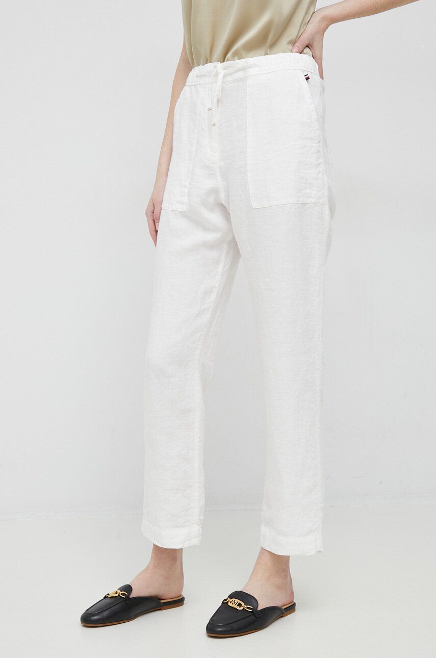 Plátěné kalhoty Tommy Hilfiger bílá barva, jednoduché, high waist - bílá -  100 % Len