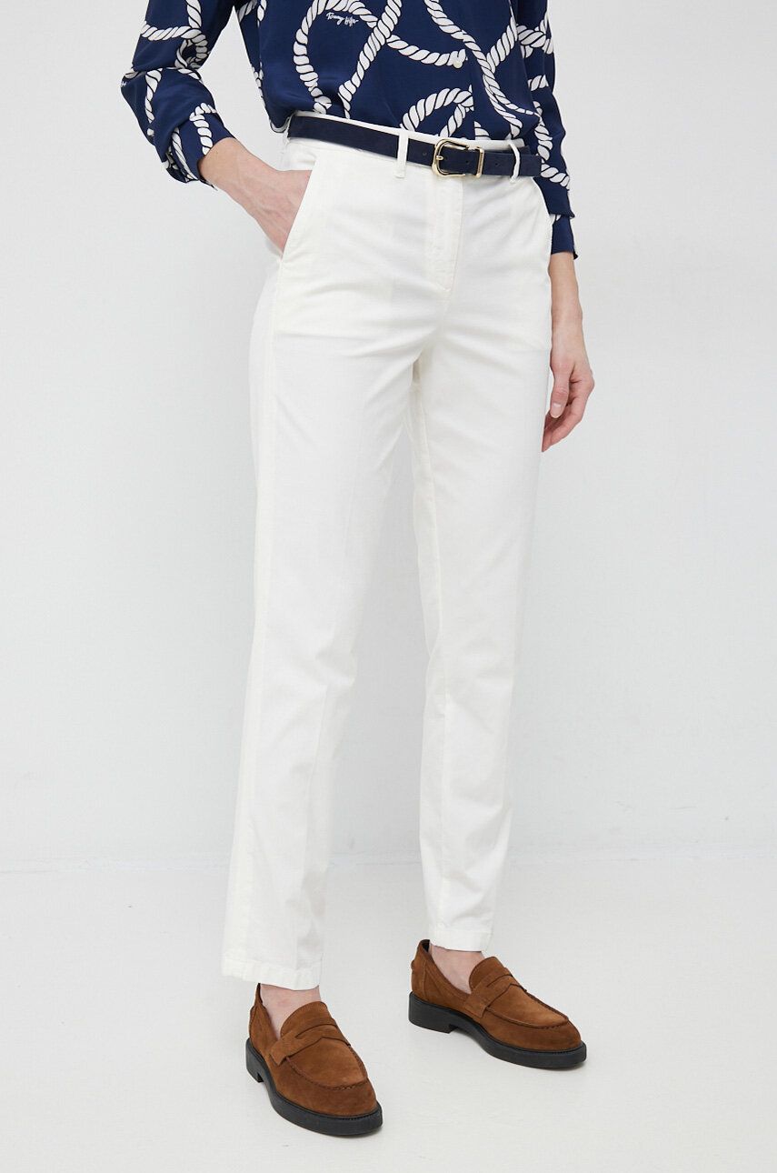 Levně Kalhoty Tommy Hilfiger dámské, bílá barva, jednoduché, medium waist