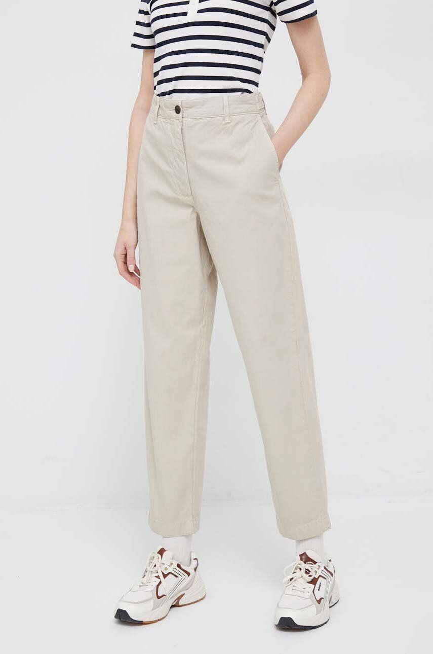Levně Bavlněné kalhoty Tommy Hilfiger béžová barva, jednoduché, high waist