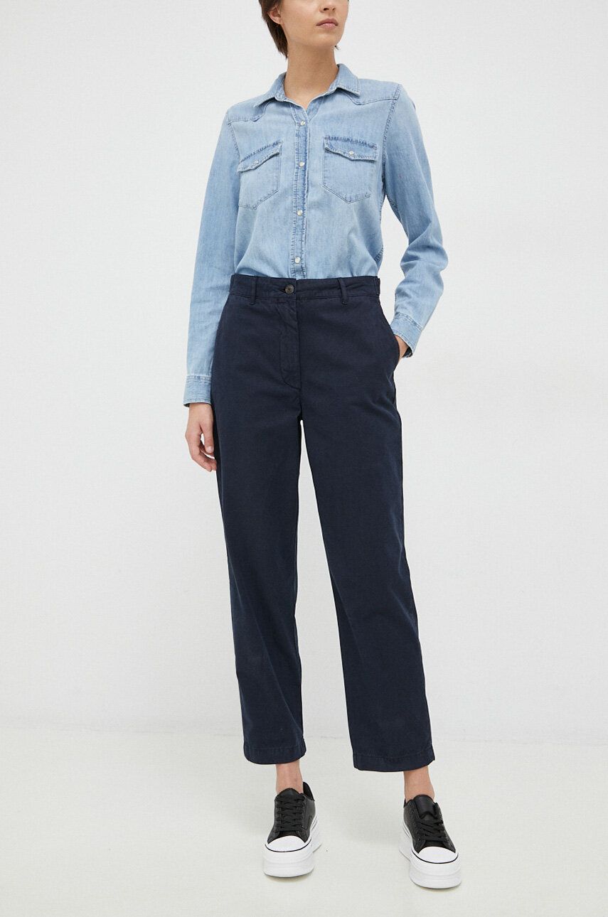 Bavlněné kalhoty Tommy Hilfiger tmavomodrá barva, jednoduché, high waist