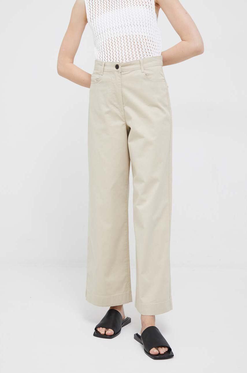 Kalhoty Tommy Hilfiger dámské, béžová barva, široké, high waist - béžová -  98 % Bavlna