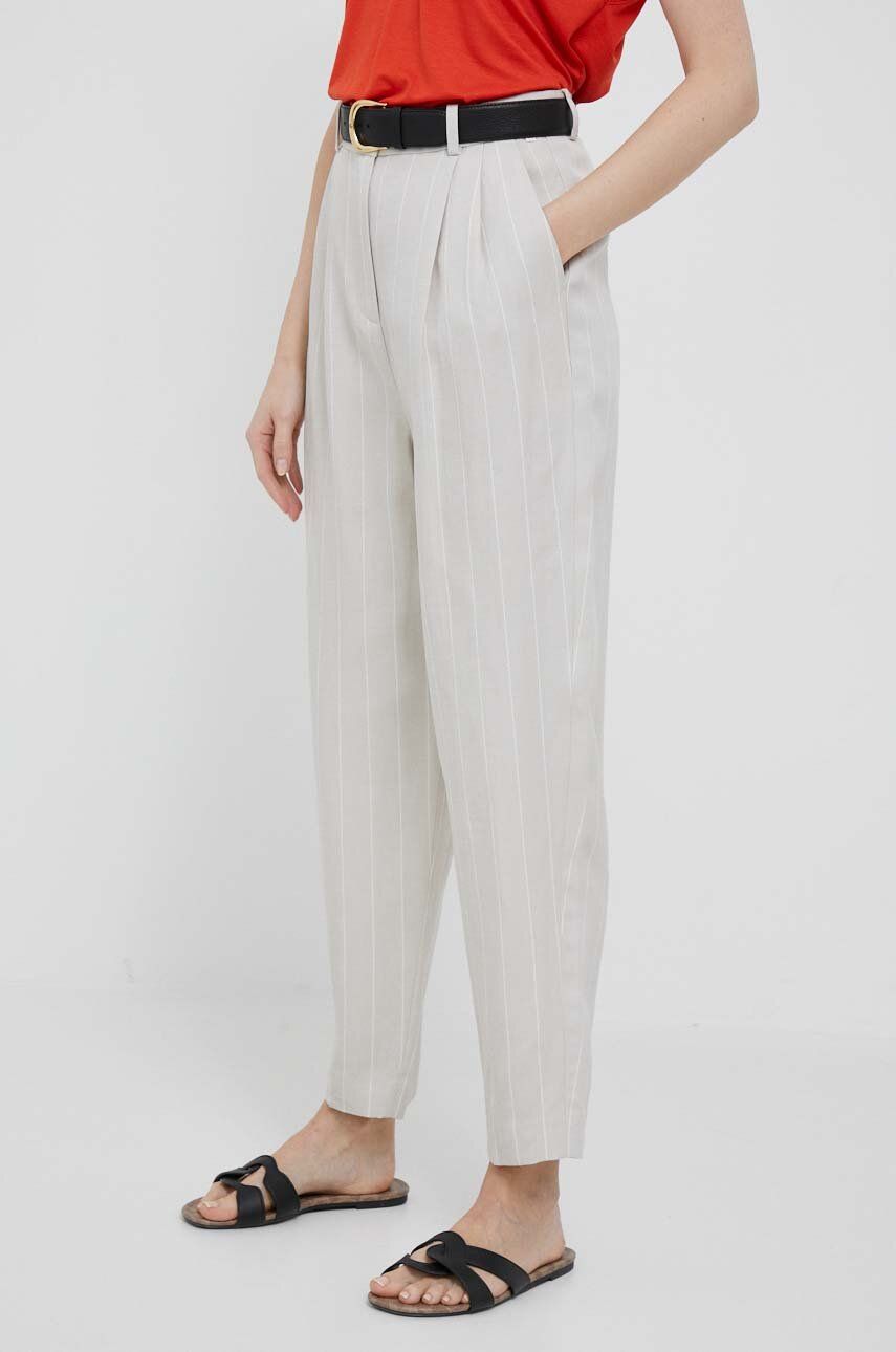 E-shop Kalhoty s příměsí lnu Tommy Hilfiger béžová barva, high waist