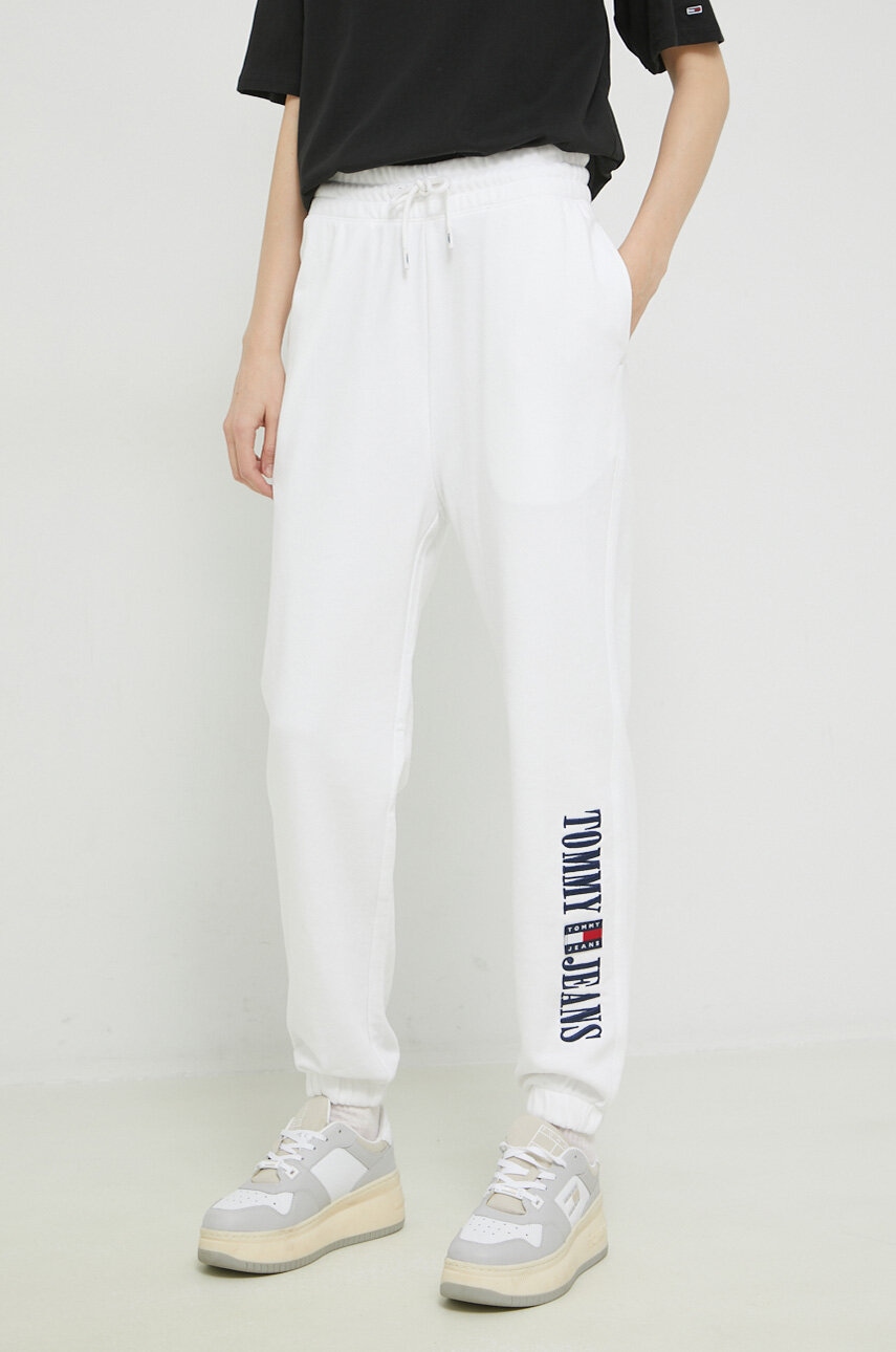 Tommy Jeans Pantaloni De Trening Culoarea Alb, Cu Imprimeu