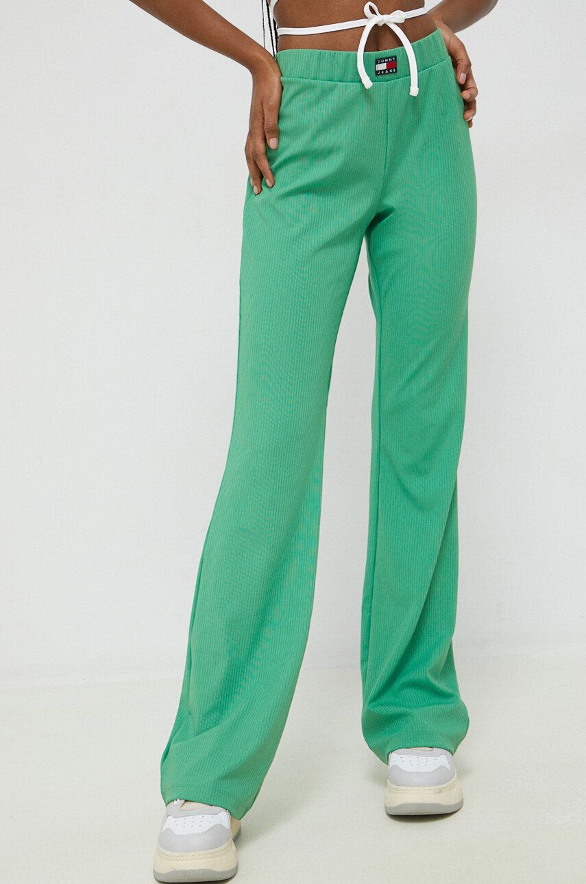 Tommy Jeans Pantaloni Femei, Culoarea Verde, Evazati, Medium Waist