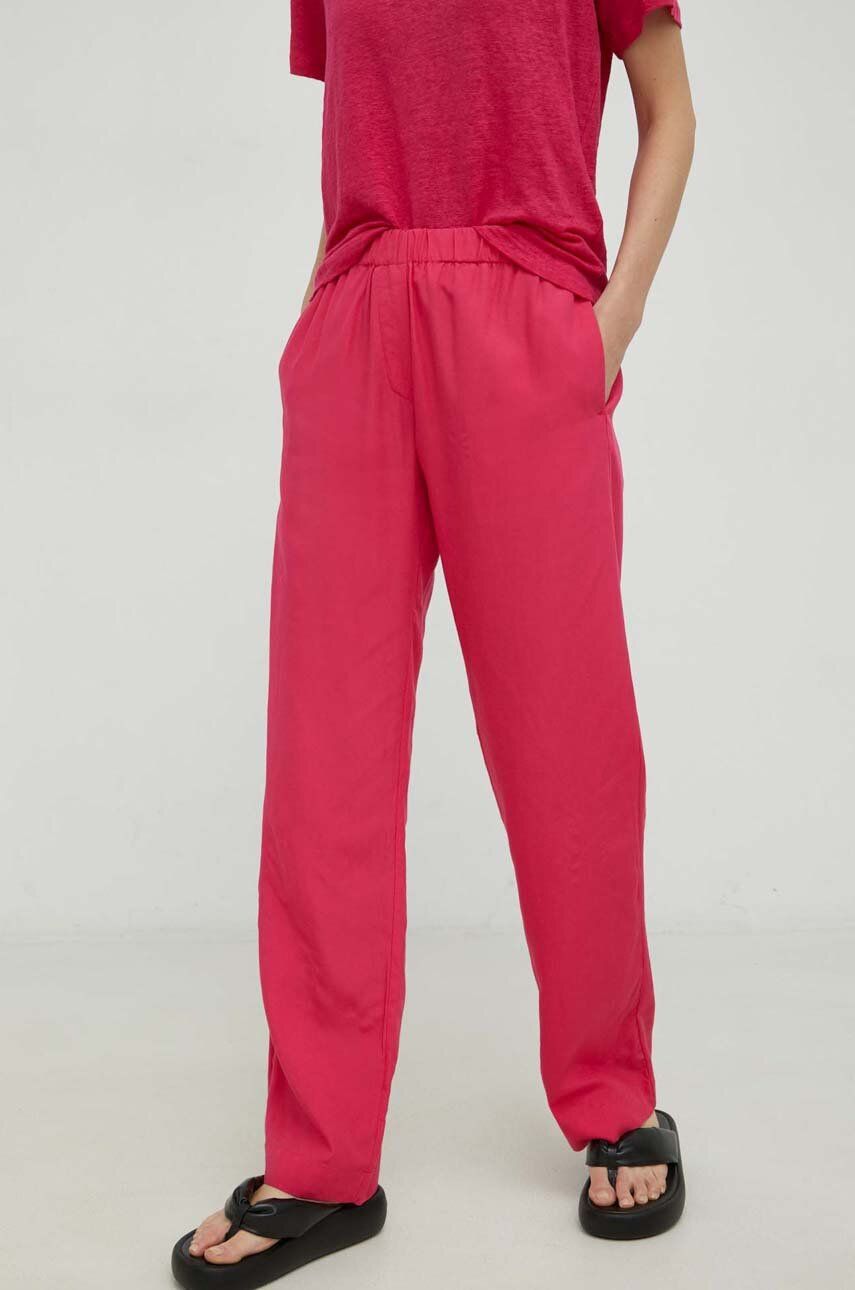 Samsoe Samsoe pantaloni din amestec de in culoarea roz, drept, medium waist