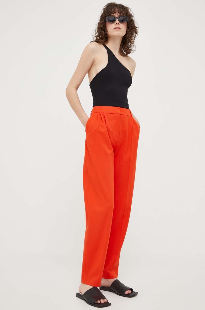 Samsoe Samsoe Pantaloni Femei, Culoarea Portocaliu, Drept, High Waist