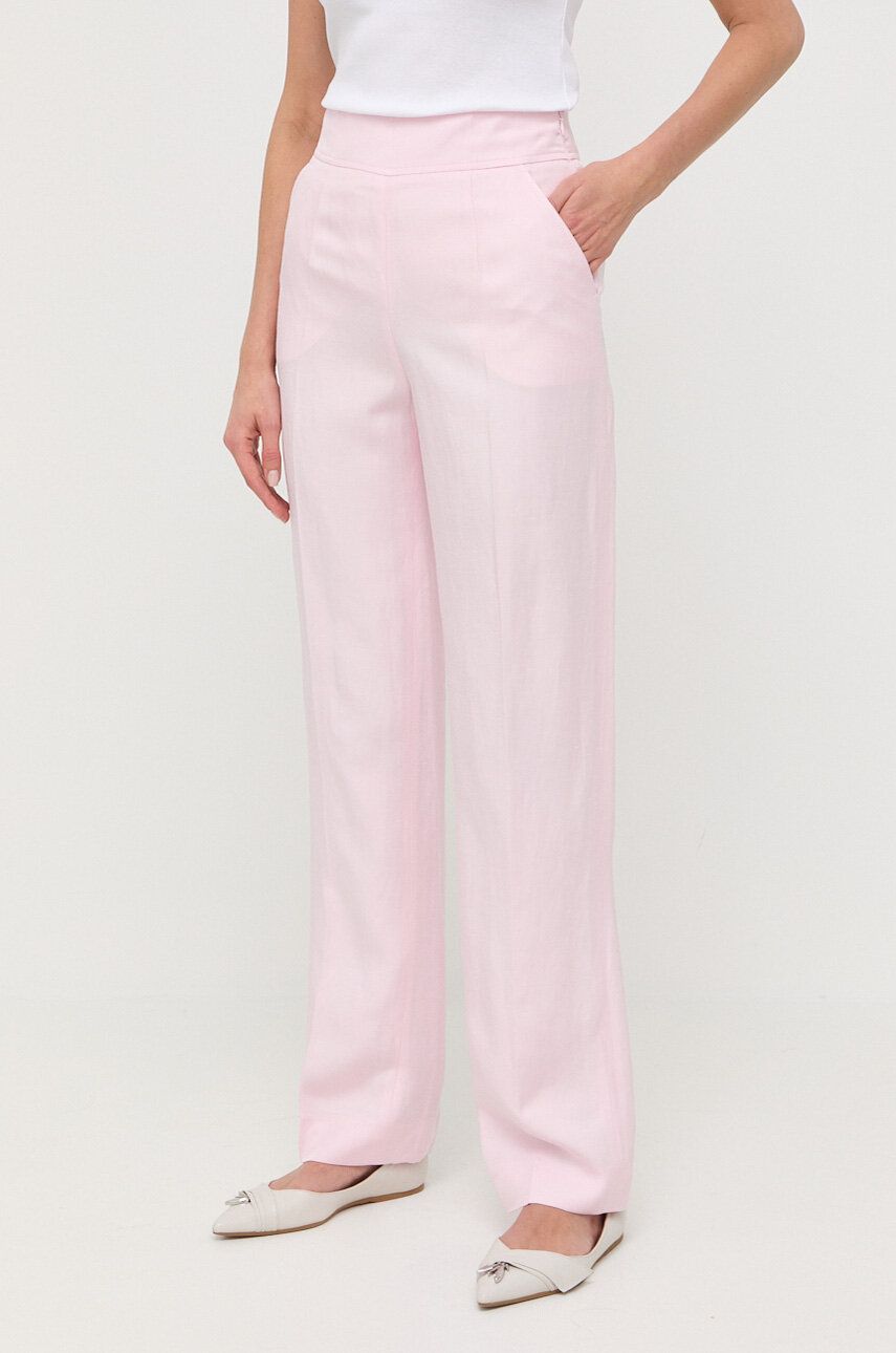 Kalhoty s příměsí lnu Luisa Spagnoli růžová barva, high waist - růžová -  70 % Viskóza