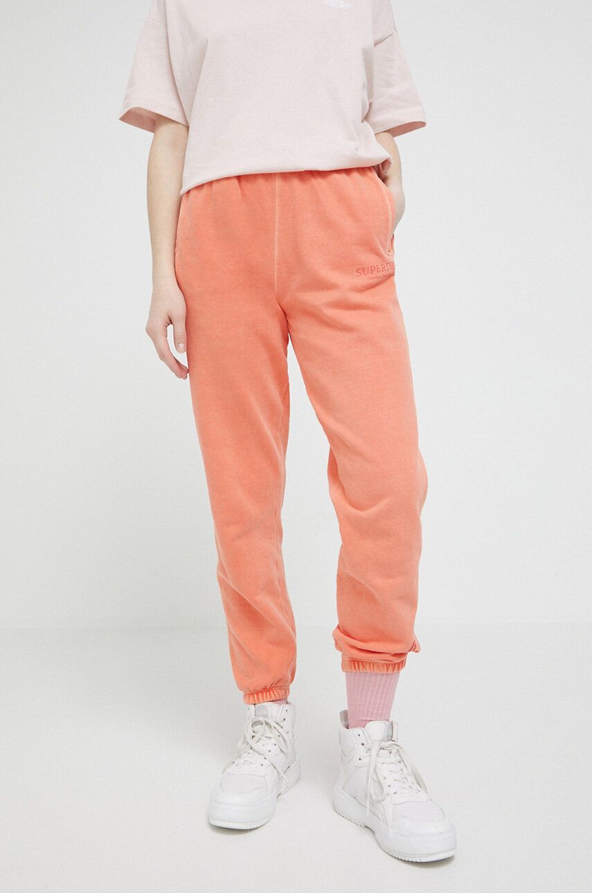 Superdry pantaloni de trening din bumbac culoarea portocaliu, neted answear.ro