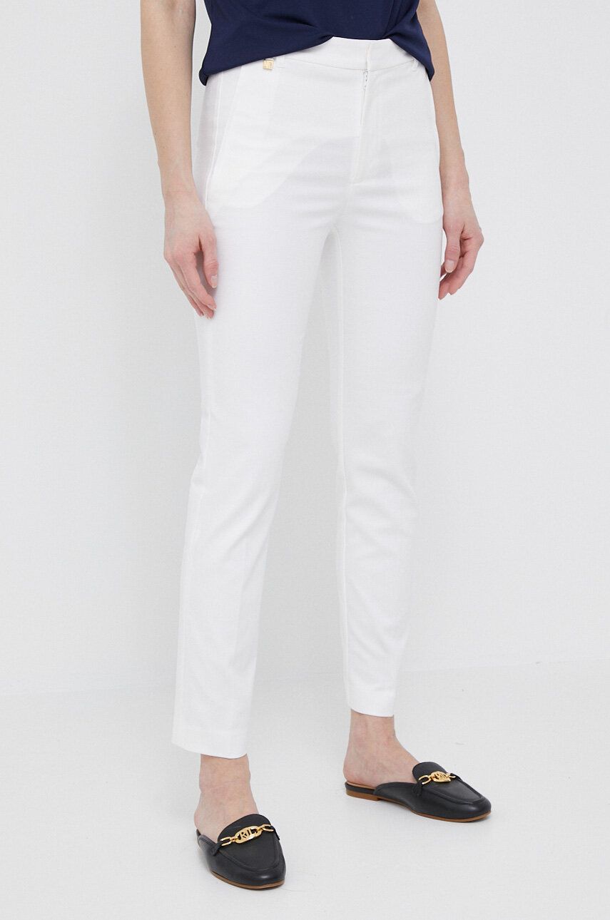 Kalhoty Lauren Ralph Lauren dámské, bílá barva, fason cargo, high waist - bílá -  98 % Bavlna