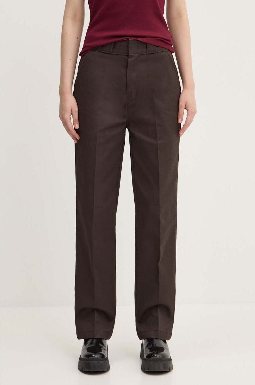 Dickies pantaloni femei, culoarea maro, drept, high waist