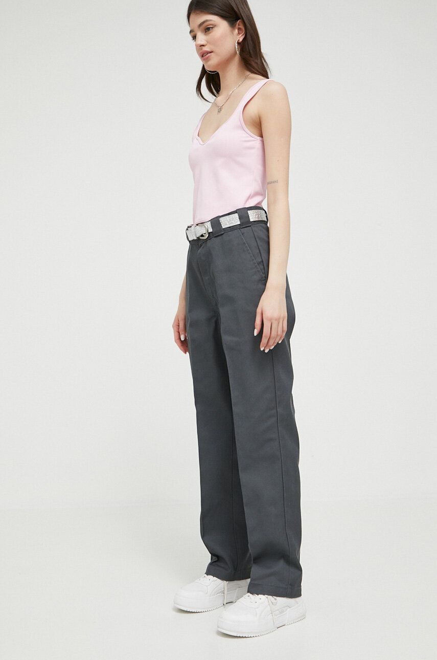 E-shop Kalhoty Dickies dámské, šedá barva, jednoduché, high waist
