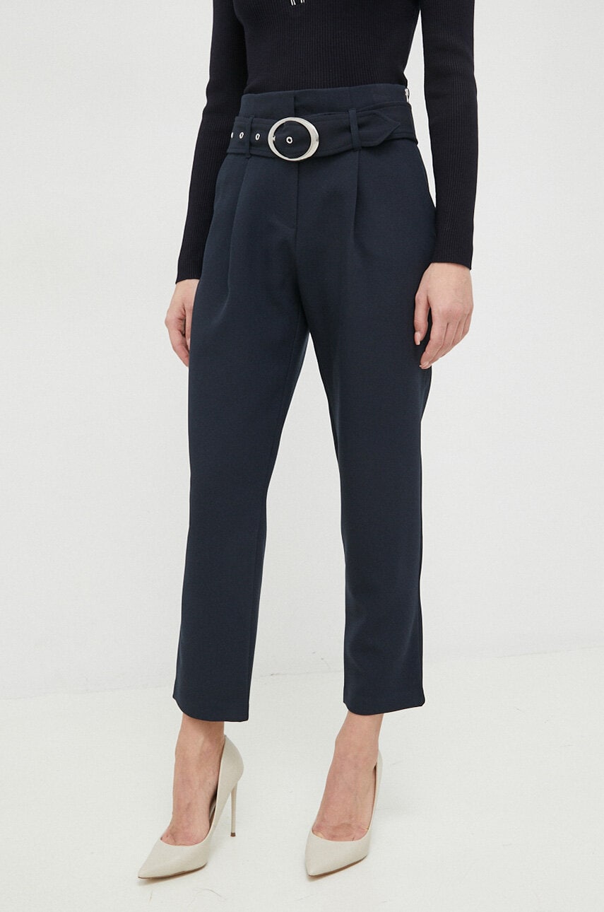 Morgan Pantaloni Femei, Culoarea Albastru Marin, Drept, High Waist