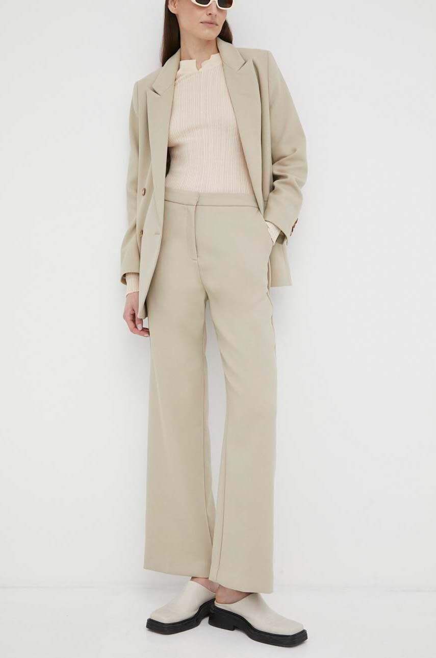 Kalhoty Lovechild dámské, béžová barva, jednoduché, high waist - béžová -  64 % Polyester