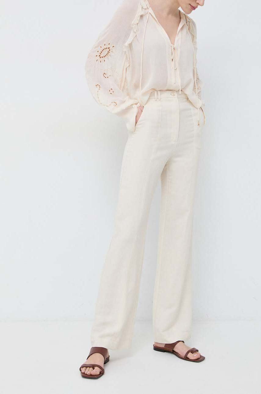 Kalhoty s příměsí lnu Patrizia Pepe béžová barva, high waist - béžová -  51 % Viskóza