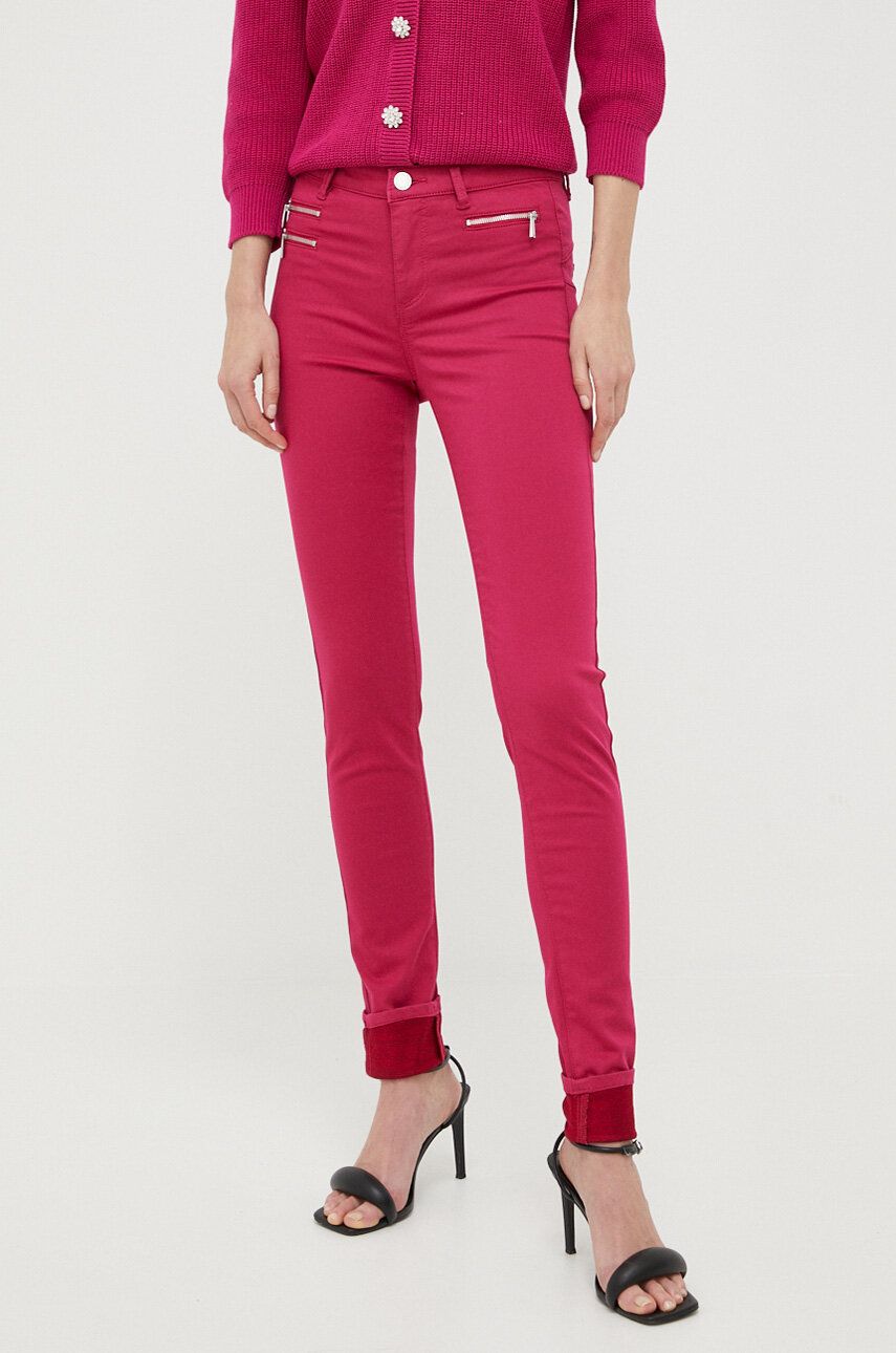 Kalhoty Morgan dámské, růžová barva, přiléhavé, medium waist - růžová -  50 % Bavlna