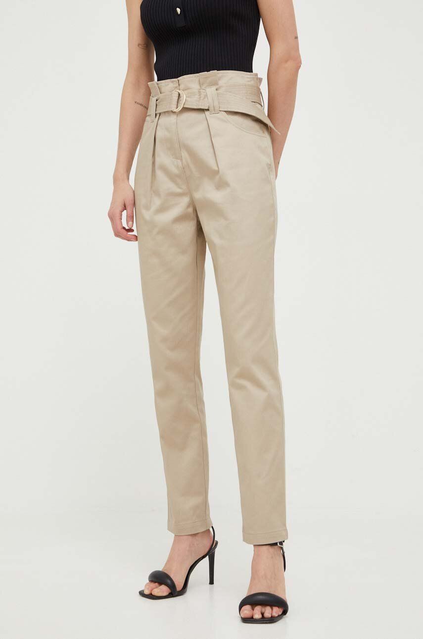 Morgan pantaloni de bumbac culoarea bej, drept, high waist answear.ro