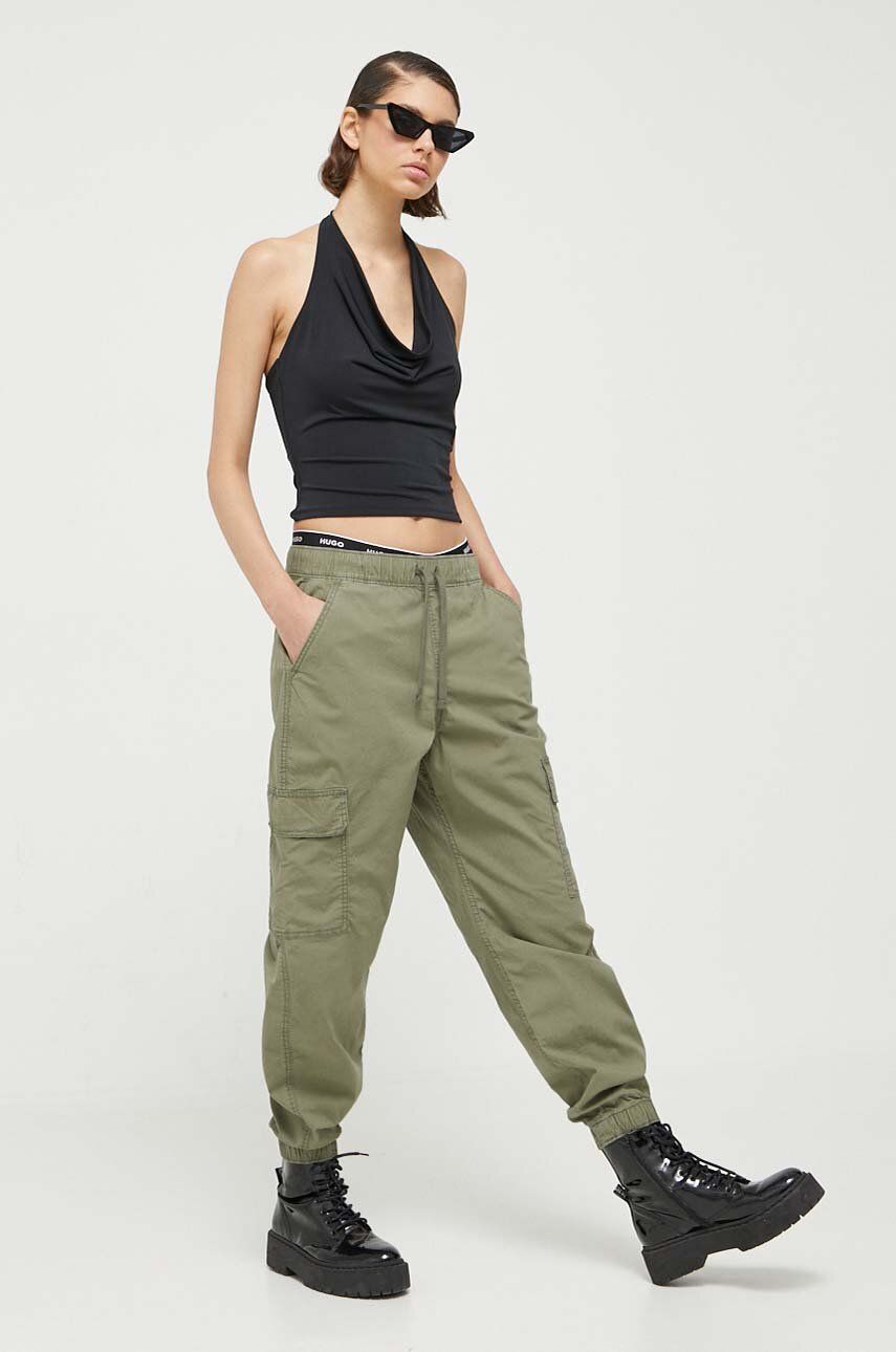 Hollister Co. pantaloni femei, culoarea verde, fason cargo, high waist