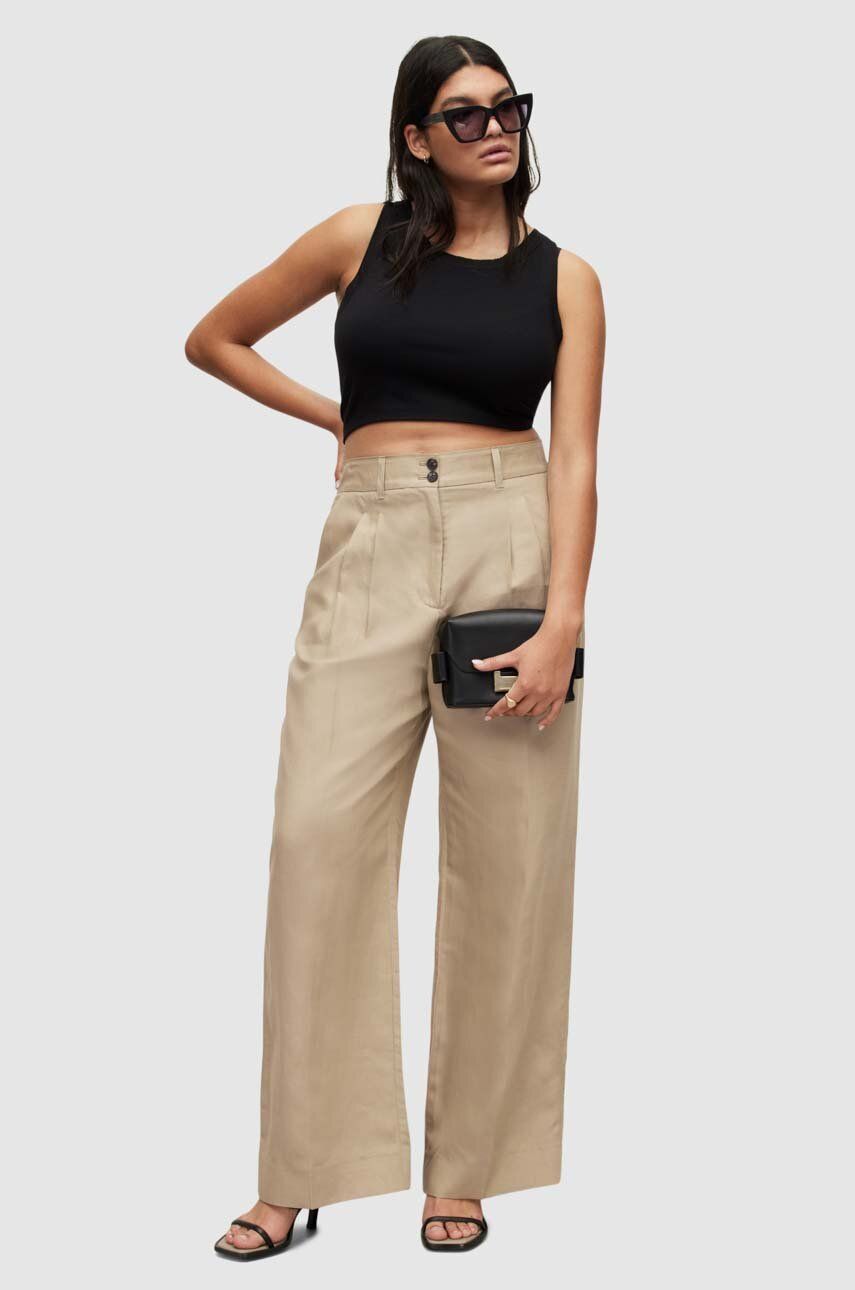 Kalhoty AllSaints dámské, béžová barva, široké, high waist - béžová -  Hlavní materiál: 55 % Ly