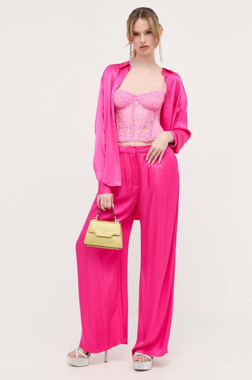 Kalhoty Bardot dámské, růžová barva, široké, high waist - růžová
