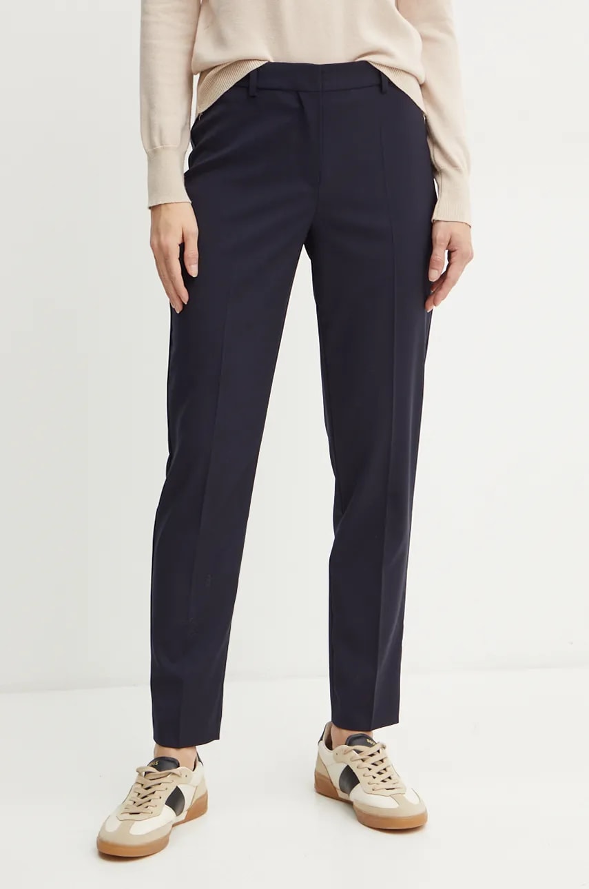 BOSS pantaloni de lana culoarea albastru marin, fason tigareta, high waist BOSS pantaloni de lana culoarea albastru marin, fason tigareta, high waist