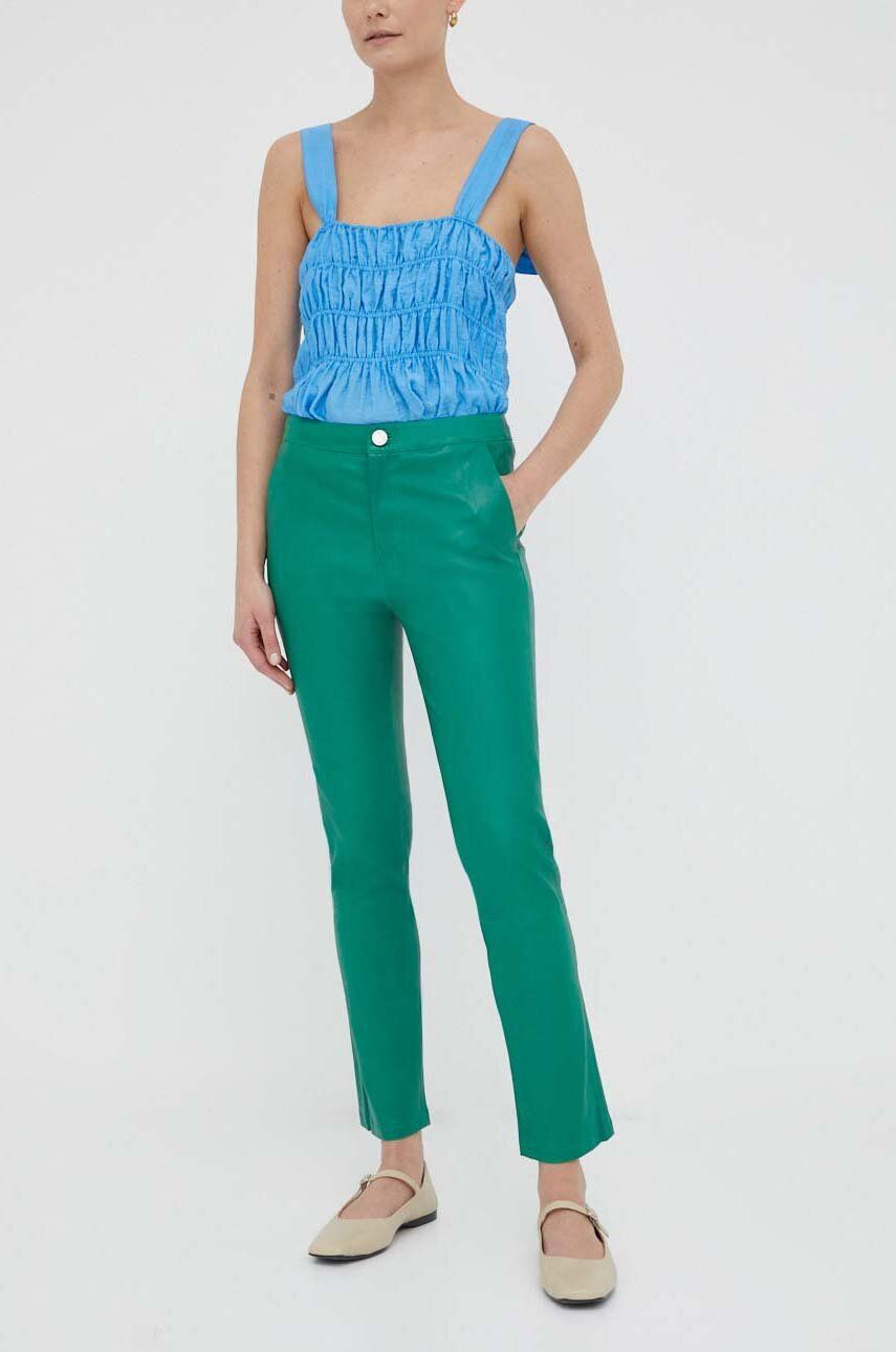 Kožené kalhoty 2NDDAY dámské, zelená barva, jednoduché, high waist - zelená -  100 % Přírodní k