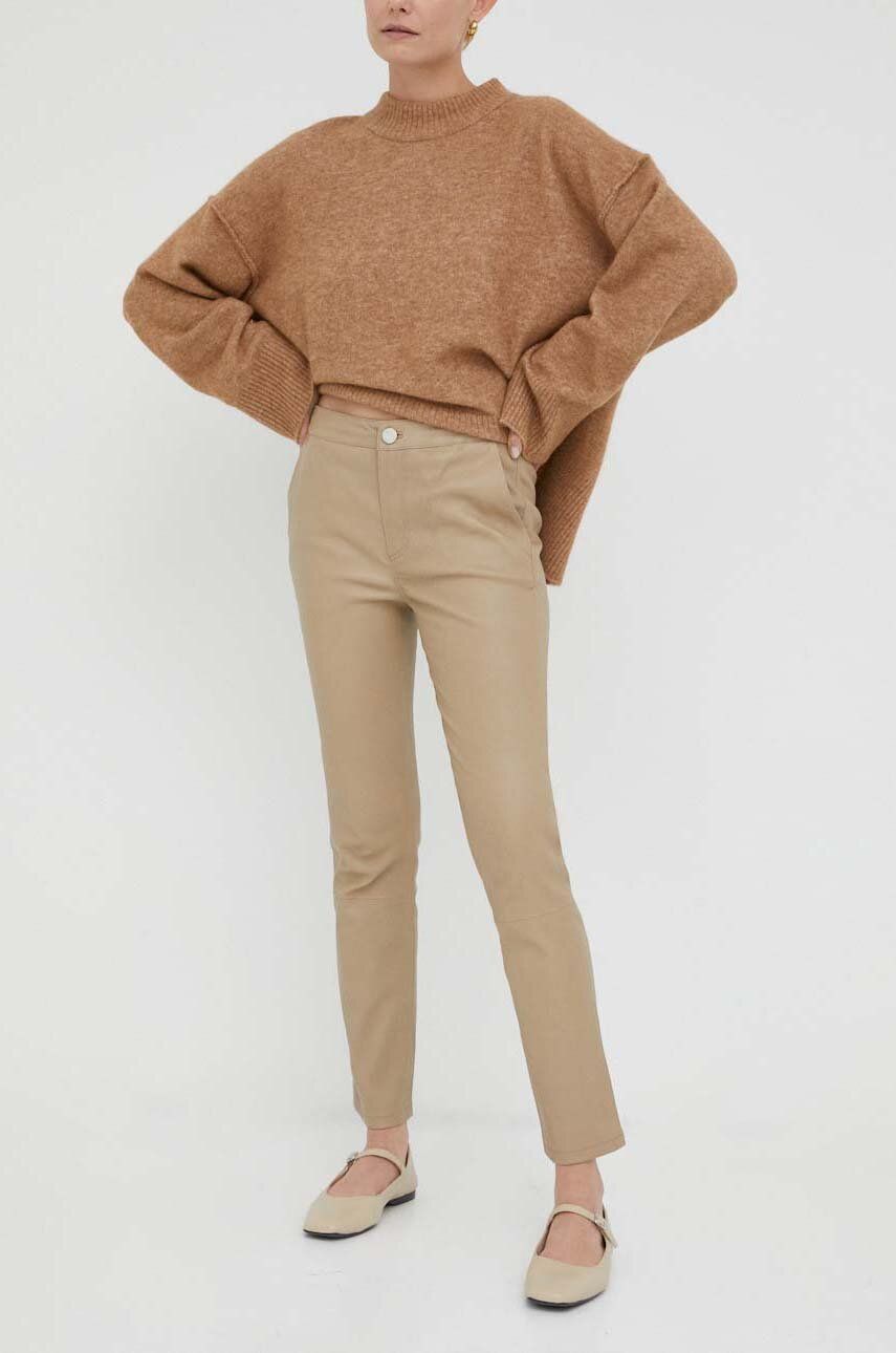 Kožené kalhoty 2NDDAY dámské, béžová barva, jednoduché, high waist - béžová -  100 % Přírodní k