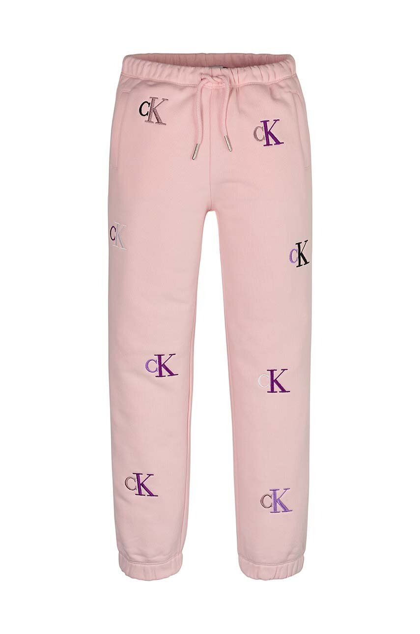 Dětské tepláky Calvin Klein Jeans růžová barva, vzorované