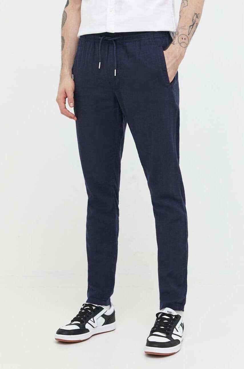 Solid pantaloni din in culoarea albastru marin, drept Solid pantaloni din in culoarea albastru marin, drept